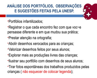 ANÁLISE DOS PORTFÓLIOS, OBSERVAÇÕES
E SUGESTÕES FEITAS PELA UNESP.
Portfólios infantilizados;
Registrar o que cada encontro fez com que voc~e
pensasse diferente e em que mudou sua prática;
Prestar atenção na ortografia;
Abolir desenhos xerocados para as crianças;
Valorizar desenhos feitos por seus alunos;
Explorar mais as produções livres das crianças;
Ilustrar seu portfólio com desenhos de seus alunos;
Tirar fotos espontâneas dos trabalhos produzidos pelas
crianças ( não esquecer de colocar legenda);
 