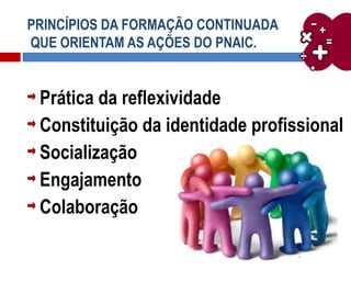 PRINCÍPIOS DA FORMAÇÃO CONTINUADA
QUE ORIENTAM AS AÇÕES DO PNAIC.
Prática da reflexividade
Constituição da identidade profissional
Socialização
Engajamento
Colaboração
 