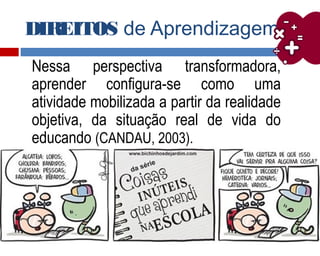 DIREITOS de Aprendizagem
Nessa perspectiva transformadora,
aprender configura-se como uma
atividade mobilizada a partir da realidade
objetiva, da situação real de vida do
educando (CANDAU, 2003).
 