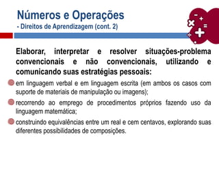 Números e Operações
- Direitos de Aprendizagem (cont. 2)
Elaborar, interpretar e resolver situações-problema
convencionais e não convencionais, utilizando e
comunicando suas estratégias pessoais:
em linguagem verbal e em linguagem escrita (em ambos os casos com
suporte de materiais de manipulação ou imagens);
recorrendo ao emprego de procedimentos próprios fazendo uso da
linguagem matemática;
construindo equivalências entre um real e cem centavos, explorando suas
diferentes possibilidades de composições.
 
