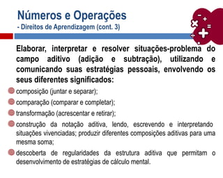 Números e Operações
- Direitos de Aprendizagem (cont. 3)
Elaborar, interpretar e resolver situações-problema do
campo aditivo (adição e subtração), utilizando e
comunicando suas estratégias pessoais, envolvendo os
seus diferentes significados:
composição (juntar e separar);
comparação (comparar e completar);
transformação (acrescentar e retirar);
construção da notação aditiva, lendo, escrevendo e interpretando
situações vivenciadas; produzir diferentes composições aditivas para uma
mesma soma;
descoberta de regularidades da estrutura aditiva que permitam o
desenvolvimento de estratégias de cálculo mental.
 