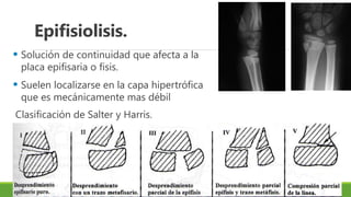Epifisiolisis.
• Solución de continuidad que afecta a la
placa epifisaria o fisis.
• Suelen localizarse en la capa hipertrófica
que es mecánicamente mas débil
Clasificación de Salter y Harris.
 