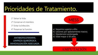 Prioridades de Tratamiento.
1° Salvar la Vida.
2° Conservar el miembro.
3° Evitar la Infección.
4° Preservar la Función. a) Isquemia superior a 6hs.
b) Lesiones por aplastamiento masivo.
c) Hipotensión prolongada.
d) Edad mayor a 50 años.
AMPUTACIÓN
MESS
ANTIBIOTICOTERAPIA.
LIMPIEZA QUIRÚRGICA.
INMOVILIZACIÓN ADECUADA.
 