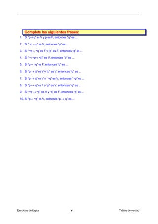 Complete las siguientes frases:
  1. Si “p v q” es V y p es F, entonces “q” es ...

  2. Si “¬q ∧ q” es V, entonces “p” es ...

  3. Si “¬p ∧ ¬q” es F y “p” es F, entonces “q” es ...

  4. Si “¬ (¬p v ¬q)” es V, entonces “p” es ...

  5. Si “p v ¬q” es F, entonces “q” es ...

  6. Si “p → q” es V y “p” es V, entonces “q” es ...

  7. Si “p → q” es V y “¬q” es V, entonces “¬p” es ...

  8. Si “p ↔ q” es F y “p” es V, entonces “q” es ...

  9. Si “¬q → ¬p” es V y “q” es F, entonces “p” es ...

  10. Si “p ∧ ¬q” es V, entonces “p → q” es ... .




Ejercicios de lógica                         v           Tablas de verdad
 
