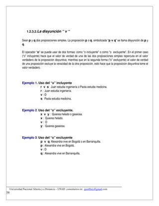 1.2.3.2.La disyunción “ v “

            Sean p y q dos proposiciones simples. La proposición p o q, simbolizada “p v q” se llama disyunción de p y 
            q.

            El operador “o” se puede usar de dos formas: como “o incluyente” o como “o  excluyente”. En el primer caso 
            (“o” incluyente) hace que el valor de verdad de una de las dos proposiciones simples repercuta en el valor 
            verdadero de la proposición disyuntiva; mientras que en la segunda forma (“o” excluyente) el valor de verdad 
            de una proposición excluye la veracidad de la otra proposición, esto hace que la proposición disyuntiva tome el 
            valor verdadero.



            Ejemplo 1. Uso del “o” incluyente
                        r  v  s:  Juan estudia ingeniería o Paola estudia medicina.
                        r :  Juan estudia ingeniería.
                        v : O
                        s:  Paola estudia medicina.


            Ejemplo 2. Uso del “o” excluyente. 
                        x  v  y  : Quieres helado o gaseosa.
                        x :  Quieres helado.
                        v :  O
                        y:   Quieres gaseosa.
             

            Ejemplo 3: Uso del “o” excluyente
                        p  v  q: Alexandra vive en Bogotá o en Barranquilla.
                        p : Alexandra vive en Bogotá.
                        v : O
                        q : Alexandra vive en Barranquilla.




__________________________________________________________________________
    Universidad Nacional Abierta y a Distancia – UNAD. comentarios en:  georffrey@gmail.com
58
 