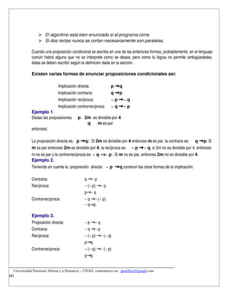  El algoritmo esta bien enunciado si el programa corre.
                  Si dos rectas nunca se cortan necesariamente son paralelas.

            Cuando una proposición condicional se escribe en una de las anteriores formas, probablemente, en el lenguaje 
            común habrá alguna que no se interprete como se desea, pero como la lógica no permite ambigüedades, 
            éstas se deben escribir según la definición dada en la sección.

            Existen varias formas de enunciar proposiciones condicionales así:

                                Implicación directa:               p → q
                                Implicación contraria:             q → p
                                Implicación recíproca:             ~ p → ~ q
                                Implicación contrarrecíproca:      ~ q → ~ p
            Ejemplo 1.
            Dadas las proposiciones      p: 2m  es divisible por 4
                                               q: m es par 
            entonces:

            La proposición directa es:   p → q:  Si 2m es divisible por 4 entonces m es par, la contraria es:      q → p: Si 
            m es par entonces 2m es divisible por 4, la recíproca es:     ~ p → ~ q: si 2m no es divisible por 4, entonces 
            m no es par y la contrarrecíproca es: ~ q →~ p : Si m no es par, entonces 2m no es divisible por 4.
            Ejemplo 2.
            Teniendo en cuenta la  proposición  directa:   ~ p  → q construir las otras formas de la implicación:

            Contraria:                              q →~ p
            Recíproca:                              ~ (~ p) →~ q
                                                    p→~ q
            Contrarrecíproca:                       ~ q →~ (~ p)
                                                    ~ q→p.

            Ejemplo 3.
            Proposición directa:                    ~ p →~ q
            Contraria:                              ~ q →~ p
            Recíproca:                              ~ (~ p) →~ (~ q)
                                                    p→q
            Contrarrecíproca:                       ~ (~ q) →~ (~ p)
                                                    q→p

__________________________________________________________________________
    Universidad Nacional Abierta y a Distancia – UNAD. comentarios en:  georffrey@gmail.com
60
 
