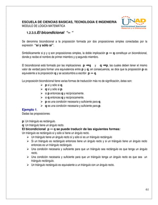 ESCUELA DE CIENCIAS BASICAS, TECNOLOGIA E INGENIERIA
MODULO DE LOGICA MATEMÁTICA

    1.2.3.5.El bicondicional  “↔ “

Se   denomina   bicondicional   a   la   proposición   formada   por   dos   proposiciones   simples   conectadas   por   la 
expresión  “sí y sólo sí”.

Simbólicamente si p y q son proposiciones simples, la doble implicación p ↔ q constituye un bicondicional, 
donde p recibe el nombre de primer miembro y q segundo miembro.

El bicondicional está formado por las implicaciones   p → q     y     q → p, las cuales deben tener el mismo 
valor de verdad para formar una equivalencia entre p y q; en consecuencia, se dice que la proposición p es 
equivalente a la proposición q y se acostumbra a escribir  p ↔ q.

La proposición bicondicional tiene varias formas de traducción más no de significación, éstas son:
                 p sí y sólo si q.
                 q sí y sólo si p.
                 si p entonces q y recíprocamente.
                 si q entonces q y recíprocamente.
                 p es una condición necesaria y suficiente para q.
                 q es una condición necesaria y suficiente para p.
Ejemplo 1.
Dadas las proposiciones:

p: Un triángulo es rectángulo.
q: Un triángulo tiene un ángulo recto.
El bicondicional  p ↔ q se puede traducir de las siguientes formas:
Un triángulo es rectángulo sí y sólo sí tiene un ángulo recto.
     Un triángulo tiene un ángulo recto sí y sólo sí es un triángulo rectángulo
     Si un triángulo es rectángulo entonces tiene un ángulo recto y si un triángulo tiene un ángulo recto 
         entonces es un triángulo rectángulo.
     Una condición necesaria y suficiente para que un triángulo sea rectángulo es que tenga un ángulo 
         recto.
     Una condición necesaria y suficiente para que un triángulo tenga un ángulo recto es que sea   un 
         triángulo rectángulo.
     Un triángulo rectángulo es equivalente a un triángulo con un ángulo recto.




                                                                                                                          61
 