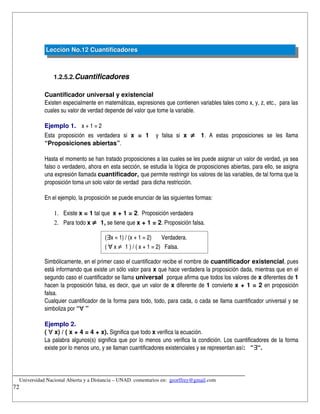 Lección No.12 Cuantificadores



                1.2.5.2.Cuantificadores

            Cuantificador universal y existencial
            Existen especialmente en matemáticas, expresiones que contienen variables tales como x, y, z, etc.,  para las 
            cuales su valor de verdad depende del valor que tome la variable.

            Ejemplo 1. x + 1 = 2
            Esta   proposición   es   verdadera   si  x   =   1    y   falsa   si  x  ≠   1.   A   estas   proposiciones   se   les   llama 
            “Proposiciones abiertas”.

            Hasta el momento se han tratado proposiciones a las cuales se les puede asignar un valor de verdad, ya sea 
            falso o verdadero, ahora en esta sección, se estudia la lógica de proposiciones abiertas, para ello, se asigna 
            una expresión llamada cuantificador, que permite restringir los valores de las variables, de tal forma que la 
            proposición toma un solo valor de verdad  para dicha restricción.

            En el ejemplo, la proposición se puede enunciar de las siguientes formas:

                1. Existe x = 1 tal que  x + 1 = 2.  Proposición verdadera
                2. Para todo x ≠  1, se tiene que x + 1 = 2. Proposición falsa.

                                          (∃x = 1) / (x + 1 = 2)       Verdadera.
                                          ( ∀ x ≠  1 ) / ( x + 1 = 2)   Falsa.

            Simbólicamente, en el primer caso el cuantificador recibe el nombre de cuantificador existencial, pues 
            está informando que existe un sólo valor para x que hace verdadera la proposición dada, mientras que en el 
            segundo caso el cuantificador se llama universal  porque afirma que todos los valores de x diferentes de 1 
            hacen la proposición falsa, es decir, que un valor de  x diferente de  1  convierte  x + 1 = 2  en proposición 
            falsa.
            Cualquier cuantificador de la forma para todo, todo, para cada, o cada se llama cuantificador universal y se 
            simboliza por “∀ ” 

            Ejemplo 2.
            ( ∀ x) / ( x + 4 = 4 + x). Significa que todo x verifica la ecuación.
            La palabra algunos(s) significa que por lo menos uno verifica la condición. Los cuantificadores de la forma 
            existe por lo menos uno, y se llaman cuantificadores existenciales y se representan así:   “∃“.



__________________________________________________________________________
    Universidad Nacional Abierta y a Distancia – UNAD. comentarios en:  georffrey@gmail.com
72
 