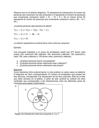 Observe que en el anterior diagrama, 12 representa (la intersección) el número de
personas que compraron los dos productos y 9 representa el número de personas
que únicamente compraron loción ( 21 – 12 = 9 ). De la misma forma 54
representa el número de personas que únicamente compraron crema ( 66 – 12 =
54 ).

¿Cuántas personas aprovecharon la oferta?
η ( L ∪ C ) = η (L) + η (C) - η (L ∩ C )

η ( L ∪ C ) = 21 + 66 - 12

η ( L ∪ C ) = 75

Lo anterior representa el cardinal de la unión entre los conjuntos.

Ejemplo.

Una encuesta realizada a un grupo de empleados reveló que 277 tenían casa
propia; 233, automóvil; 405, televisor; 165, automóvil y televisor; 120, automóvil y
casa; 190, casa y televisor y 105 tenían casa, automóvil y televisor.

   a. ¿Cuántas personas fueron encuestadas?
   b. ¿Cuántas personas tienen solamente casa y televisor?
   c. ¿Cuántas personas tienen solamente casa propia?

Solución
Como habíamos dicho anteriormente, lo más práctico en estos casos es elaborar
el diagrama de Venn correspondiente. El número de empleados que poseen los
tres servicios, corresponde a la intersección de los tres conjuntos. Este es el dato
que debe ubicarse en el gráfico. A partir de este cardinal se colocan los otros
cardinales que corresponden a las intersecciones entre los diferentes pares de
conjuntos que puedan conformarse.
  U
             C                                 A
                               15         53
                     72
                               105
                          85         60

                                155

                                      T
 Región de intersección entre los conjuntos C, A y T.
 