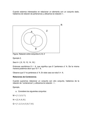 Cuando estamos interesados en relacionar un elemento con un conjunto dado,
hablamos de relación de pertenencia y utilizamos la notación ∈ .




                                                         R


                          A                Z




                                 B

Figura. Relación entre conjuntos A, B, Z

Ejemplo 2.

Sea A = { 8, 10, 12, 14, 16 }

Entonces escribimos 8 ∈ A, que significa que 8 “pertenece a” A. De la misma
manera podemos decir que 10 ∈ A.

Observe que 5 “no pertenece a” A. En éste caso se nota 5 ∉ A.

Relaciones de Contenencia.

Cuando queremos relacionar un conjunto con otro conjunto, hablamos de la
relación de “contenencia” y utilizamos la notación ⊂ .

Ejemplo.

   a. Considere los siguientes conjuntos:

M = { 1, 3, 5, 7 }

N = { 2, 4, 6, 8 }

Q = { 1, 2, 3, 4, 5, 6, 7, 8 }
 