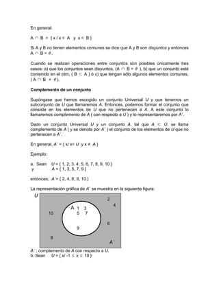 En general:

A ∩ B = {x/x∈ A y x∈ B}

Si A y B no tienen elementos comunes se dice que A y B son disyuntos y entonces
A ∩ B= φ.

Cuando se realizan operaciones entre conjuntos son posibles únicamente tres
casos: a) que los conjuntos sean disyuntos, (A ∩ B = φ ), b) que un conjunto esté
contenido en el otro, ( B ⊂ A ) ó c) que tengan sólo algunos elementos comunes,
( A ∩ B ≠ φ ).

Complemento de un conjunto

Supóngase que hemos escogido un conjunto Universal U y que tenemos un
subconjunto de U que llamaremos A. Entonces, podemos formar el conjunto que
consiste en los elementos de U que no pertenecen a A. A este conjunto lo
llamaremos complemento de A ( con respecto a U ) y lo representaremos por A´.

Dado un conjunto Universal U y un conjunto A, tal que A ⊂ U, se llama
complemento de A ( y se denota por A´ ) el conjunto de los elementos de U que no
pertenecen a A´.

En general, A´ = { x/ x ∈ U y x ∉ A }

Ejemplo:

a. Sean     U = { 1, 2, 3, 4, 5, 6, 7, 8, 9, 10 }
y           A = { 1, 3, 5, 7, 9 }

entonces; A´= { 2, 4, 6, 8, 10 }

La representación gráfica de A¨ se muestra en la siguiente figura:
  U
                                              2
                                                    4
                       A 1 3
           10              5    7

                                              6
                           9

           8
                                               A´
A´ ; complemento de A con respecto a U.
b. Sean U = { x/ -1 ≤ x ≤ 10 }
 