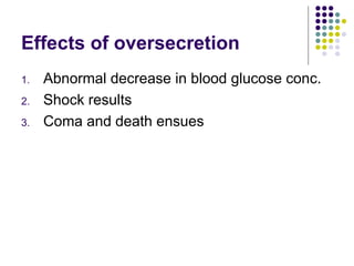 Effects of oversecretion Abnormal decrease in blood glucose conc. Shock results Coma and death ensues 