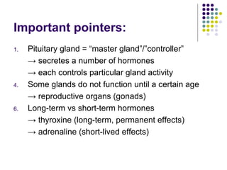 Important pointers: Pituitary gland = “master gland”/”controller” ->  secretes a number of hormones ->  each controls particular gland activity Some glands do not function until a certain age  ->  reproductive organs (gonads) Long-term vs short-term hormones  ->  thyroxine (long-term, permanent effects)  ->  adrenaline (short-lived effects) 
