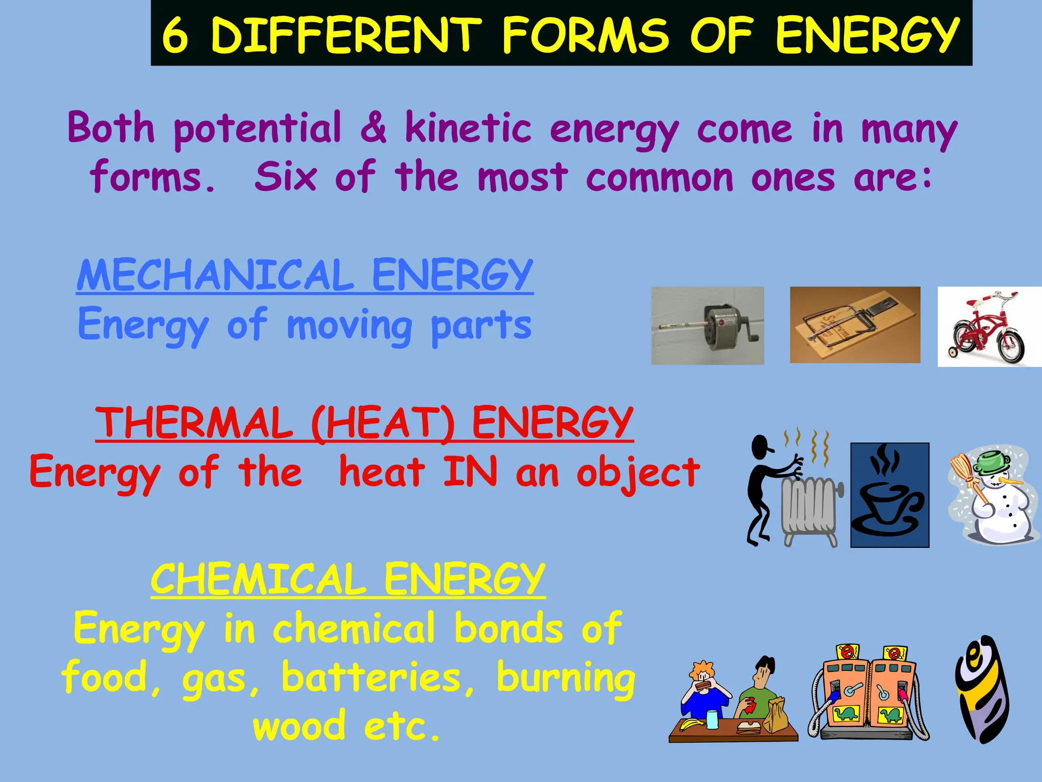 6 DIFFERENT FORMS OF ENERGY
Both potential & kinetic energy come in many
forms. Six of the most common ones are:
MECHANICAL ENERGY
Energy of moving parts
THERMAL (HEAT) ENERGY
Energy of the heat IN an object
CHEMICAL ENERGY
Energy in chemical bonds of
food, gas, batteries, burning
wood etc.
 