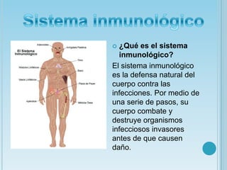 Sistema inmunológico¿Qué es el sistema inmunológico?El sistema inmunológico es la defensa natural del cuerpo contra las infecciones. Por medio de una serie de pasos, su cuerpo combate y destruye organismos infecciosos invasores antes de que causen daño.