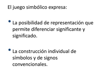 El juego simbólico expresa:
•La posibilidad de representación que
permite diferenciar significante y
significado.
•La construcción individual de
símbolos y de signos
convencionales.
 