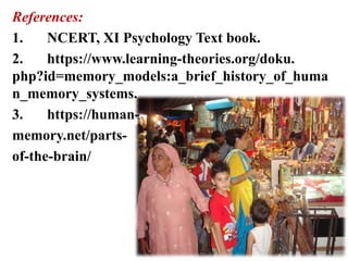 References:
1. NCERT, XI Psychology Text book.
2. https://www.learning-theories.org/doku.
php?id=memory_models:a_brief_history_of_huma
n_memory_systems.
3. https://human-
memory.net/parts-
of-the-brain/
 
