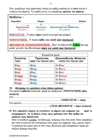 12
ΚΟΥΦΟΠΟΥΛΟΥ ΜΑΡΙΑ
Έτσι, χωρίζουμε τους ρηματικούς τύπους σε ομάδες ανάλογα με το πότε γίνεται η
ενέργεια του ρήματος. Τις ομάδες αυτές τις ονομάζουμε χρόνους του ρήματος.
ΕΝΕΣΤΩΤΑΣ Τι κάνω τώρα ( αυτή τη στιγμή που μιλάμε).
ΠΑΡΑΤΑΤΙΚΟΣ Τι έκανα εχθές για πολλή ώρα (συνέχεια).
ΜΕΛΛΟΝΤΑΣ ΕΞΑΚΟΛΟΥΘΗΤΙΚΟΣ Έχει τη λέξη κλειδί « θα», και μας
μιλάει για κάτι που θα κάνουμε αύριο για πολλή ώρα (συνέχεια).
18. Μεταφέρω τις προτάσεις στους άλλους χρόνους:
Στο σχολείο μάθαιναν ανάγνωση, γραφή και αριθμητική. (ΠΑΡΑΤΑΤΙΚΟΣ=χθες
συνέχεια)
Στο…………………………………………………………………………………………………………………………..…………………
………………………………………………………………………………………..… ( ΕΝΕΣΤΩΤΑΣ = τώρα)
Στο σχολείο……………………………………………………………………………………………………………...……
…………………………………………..……………………….……( ΕΞΑΚ.ΜΕΛΛΟΝΤΑΣ = αύριο συνέχεια)
19. Στο παρακάτω κείμενο να εντοπίσετε τα ρήματα που υπάρχουν και, αφού τα
υπογραμμίσετε, να τα βάλετε στους τρεις χρόνους( στον ίδιο αριθμό και
πρόσωπο όπου βρίσκονται).
Όταν το κουδούνι χτυπάει για διάλειμμα, τρέχουμε όλοι στην αυλή. Άλλοι αγοράζουν
κάτι από το κυλικείο και επιστρέφουν στον χώρο του τμήματός τους, μερικοί τρώνε
το κολατσιό που έχουν από το σπίτι τους. Μετά όλοι μαζί αποφασίζουν παρέα και
παίζουν διάφορα παιχνίδια.
Ενεργητική φωνή
Ενεστώτας
ΤΩΡΑ
Παρατατικός
ΧΘΕΣ ΓΙΑ ΠΟΛΛΗ ΩΡΑ
Εξακολουθητικός Μέλλοντας
ΑΥΡΙΟ ΓΙΑ ΠΟΛΛΗ ΩΡΑ
δένω έδενα θα δένω
δένεις έδενες θα δένεις
δένει έδενε θα δένει
δένουμε δέναμε θα δένουμε
δένετε δένατε θα δένετε
δένουν έδεναν θα δένουν
 