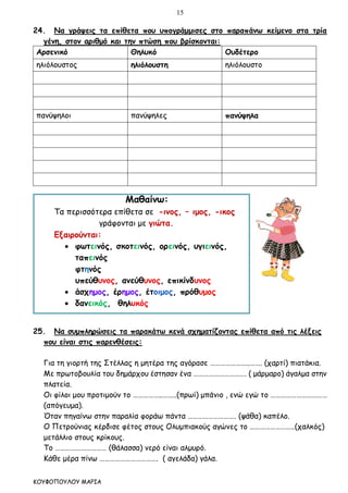 15
ΚΟΥΦΟΠΟΥΛΟΥ ΜΑΡΙΑ
24. Να γράψεις τα επίθετα που υπογράμμισες στο παραπάνω κείμενο στα τρία
γένη, στον αριθμό και την πτώση που βρίσκονται:
Αρσενικό Θηλυκό Ουδέτερο
ηλιόλουστος ηλιόλουστη ηλιόλουστο
πανύψηλοι πανύψηλες πανύψηλα
Μαθαίνω:
Τα περισσότερα επίθετα σε -ινος, – ιμος, -ικος
γράφονται με γιώτα.
Εξαιρούνται:
 φωτεινός, σκοτεινός, ορεινός, υγιεινός,
ταπεινός
φτηνός
υπεύθυνος, ανεύθυνος, επικίνδυνος
 άσχημος, έρημος, έτοιμος, πρόθυμος
 δανεικός, θηλυκός
25. Να συμπληρώσεις τα παρακάτω κενά σχηματίζοντας επίθετα από τις λέξεις
που είναι στις παρενθέσεις:
Για τη γιορτή της Στέλλας η μητέρα της αγόρασε …………………..……. (χαρτί) πιατάκια.
Με πρωτοβουλία του δημάρχου έστησαν ένα …………………………. ( μάρμαρο) άγαλμα στην
πλατεία.
Οι φίλοι μου προτιμούν το ……………..……..(πρωί) μπάνιο , ενώ εγώ το ……………………………
(απόγευμα).
Όταν πηγαίνω στην παραλία φοράω πάντα ………………………. (ψάθα) καπέλο.
Ο Πετρούνιας κέρδισε φέτος στους Ολυμπιακούς αγώνες το ……………………..(χαλκός)
μετάλλιο στους κρίκους.
Το ………………………… (θάλασσα) νερό είναι αλμυρό.
Κάθε μέρα πίνω ……………………………. ( αγελάδα) γάλα.
 
