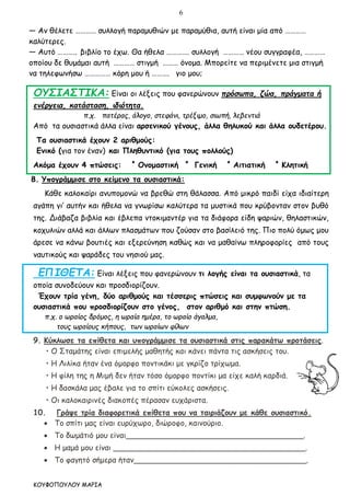 6
ΚΟΥΦΟΠΟΥΛΟΥ ΜΑΡΙΑ
— Αν θέλετε ………… συλλογή παραμυθιών με παραμύθια, αυτή είναι μία από …………
καλύτερες.
— Αυτό ……….. βιβλίο το έχω. Θα ήθελα …………. συλλογή ………… νέου συγγραφέα, …………
οποίου δε θυμάμαι αυτή ………… στιγμή ……… όνομα. Μπορείτε να περιμένετε μια στιγμή
να τηλεφωνήσω …………… κόρη μου ή ………. γιο μου;
ΟΥΣΙΑΣΤΙΚΑ: Είναι οι λέξεις που φανερώνουν πρόσωπα, ζώα, πράγματα ή
ενέργεια, κατάσταση, ιδιότητα.
π.χ. πατέρας, άλογο, στεφάνι, τρέξιμο, σιωπή, λεβεντιά
Από τα ουσιαστικά άλλα είναι αρσενικού γένους, άλλα θηλυκού και άλλα ουδετέρου.
Τα ουσιαστικά έχουν 2 αριθμούς:
Ενικό (για τον έναν) και Πληθυντικό (για τους πολλούς)
Ακόμα έχουν 4 πτώσεις: ⃰ Ονομαστική ⃰ Γενική ⃰ Αιτιατική ⃰ Κλητική
8. Υπογράμμισε στο κείμενο τα ουσιαστικά:
Κάθε καλοκαίρι ανυπομονώ να βρεθώ στη θάλασσα. Από μικρό παιδί είχα ιδιαίτερη
αγάπη γι’ αυτήν και ήθελα να γνωρίσω καλύτερα τα μυστικά που κρύβονταν στον βυθό
της. Διάβαζα βιβλία και έβλεπα ντοκιμαντέρ για τα διάφορα είδη ψαριών, θηλαστικών,
κοχυλιών αλλά και άλλων πλασμάτων που ζούσαν στο βασίλειό της. Πιο πολύ όμως μου
άρεσε να κάνω βουτιές και εξερεύνηση καθώς και να μαθαίνω πληροφορίες από τους
ναυτικούς και ψαράδες του νησιού μας.
ΕΠΙΘΕΤΑ: Είναι λέξεις που φανερώνουν τι λογής είναι τα ουσιαστικά, τα
οποία συνοδεύουν και προσδιορίζουν.
Έχουν τρία γένη, δύο αριθμούς και τέσσερις πτώσεις και συμφωνούν με τα
ουσιαστικά που προσδιορίζουν στο γένος, στον αριθμό και στην πτώση.
π.χ. ο ωραίος δρόμος, η ωραία ημέρα, το ωραίο άγαλμα,
τους ωραίους κήπους, των ωραίων φίλων
9. Κύκλωσε τα επίθετα και υπογράμμισε τα ουσιαστικά στις παρακάτω προτάσεις.
• Ο Σταμάτης είναι επιμελής μαθητής και κάνει πάντα τις ασκήσεις του.
• Η Λιλίκα ήταν ένα όμορφο ποντικάκι με γκρίζο τρίχωμα.
• Η φίλη της η Μιμή δεν ήταν τόσο όμορφο ποντίκι μα είχε καλή καρδιά.
• Η δασκάλα μας έβαλε για το σπίτι εύκολες ασκήσεις.
• Οι καλοκαιρινές διακοπές πέρασαν ευχάριστα.
10. Γράψε τρία διαφορετικά επίθετα που να ταιριάζουν με κάθε ουσιαστικό.
 Το σπίτι μας είναι ευρύχωρο, διώροφο, καινούριο.
 Το δωμάτιό μου είναι_____________________________________.
 Η μαμά μου είναι ________________________________________.
 Το φαγητό σήμερα ήταν____________________________________.
 