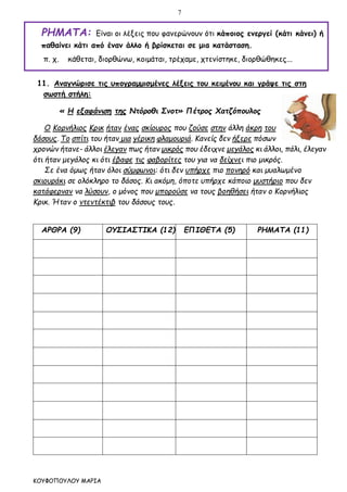 7
ΚΟΥΦΟΠΟΥΛΟΥ ΜΑΡΙΑ
ΡΗΜΑΤΑ: Είναι οι λέξεις που φανερώνουν ότι κάποιος ενεργεί (κάτι κάνει) ή
παθαίνει κάτι από έναν άλλο ή βρίσκεται σε μια κατάσταση.
π. χ. κάθεται, διορθώνω, κοιμάται, τρέχαμε, χτενίστηκε, διορθώθηκες...
11. Αναγνώρισε τις υπογραμμισμένες λέξεις του κειμένου και γράψε τις στη
σωστή στήλη:
« Η εξαφάνιση της Ντόροθι Σνοτ» Πέτρος Χατζόπουλος
Ο Κορνήλιος Κρικ ήταν ένας σκίουρος που ζούσε στην άλλη άκρη του
δάσους. Το σπίτι του ήταν μια γέρικη φλαμουριά. Κανείς δεν ήξερε πόσων
χρονών ήτανε- άλλοι έλεγαν πως ήταν μικρός που έδειχνε μεγάλος κι άλλοι, πάλι, έλεγαν
ότι ήταν μεγάλος κι ότι έβαφε τις φαβορίτες του για να δείχνει πιο μικρός.
Σε ένα όμως ήταν όλοι σύμφωνοι: ότι δεν υπήρχε πιο πονηρό και μυαλωμένο
σκιουράκι σε ολόκληρο το δάσος. Κι ακόμη, όποτε υπήρχε κάποιο μυστήριο που δεν
κατάφερναν να λύσουν, ο μόνος που μπορούσε να τους βοηθήσει ήταν ο Κορνήλιος
Κρικ. Ήταν ο ντεντέκτιβ του δάσους τους.
ΑΡΘΡΑ (9) ΟΥΣΙΑΣΤΙΚΑ (12) ΕΠΙΘΕΤΑ (5) ΡΗΜΑΤΑ (11)
 