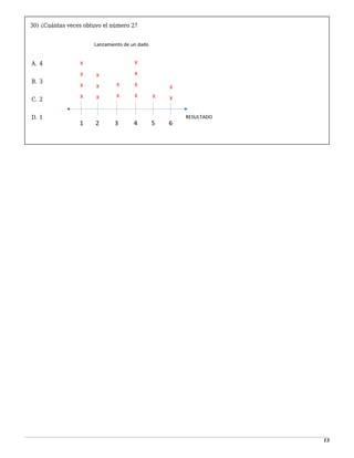 13
30) ¿Cuántas veces obtuvo el número 2?
-
A. 4
1
B. 3
2
C. 2
3
D. 1
 