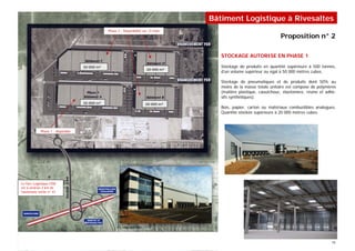 Bâtiment Logistique à Rivesaltes
                                                 Phase 2 : Disponibilité sur 12 mois
                                                                                                                        Proposition n° 2

                                                                                          STOCKAGE AUTORISE EN PHASE 1

                                     30 000 m²                                            Stockage de produits en quantité supérieure à 500 tonnes,
                                                                           20 000 m²
                                                                                          d’un volume supérieur ou égal à 50 000 mètres cubes.

                                                                                          Stockage de pneumatiques et de produits dont 50% au
                                                                                          moins de la masse totale unitaire est compose de polymères
                                                                                          (matière plastique, caoutchouc, élastomère, résine et adhé-
                                                                                          sifs synthétiques).
                                     30 000 m²                            20 000 m²
                                                                                          Bois, papier, carton ou matériaux combustibles analogues.
                                                                                          Quantité stockée supérieure à 20 000 mètres cubes.



              Phase 1 : disponible




 Le Parc Logistique EEM
 est à environ 2 km de
 l’autoroute sortie n° 41




SPECIMEN                                                                                                                                          15
 