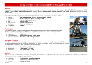 Compétences locales Transport sur les quatre modes
Routier
Les plus grands transporteurs routiers généralistes (express, messagerie, national et international) qu’ils soient étrangers (DHL, UPS, TNT, Federal Express, SITRA
France), français (Geodis, Mory, Dentressangle) ou régionaux (SATFER, Rouillé Coulon, Guanter Rodriguez, TMF, Joulié, SATAR) sont implantés en Langue-
doc-Roussillon.

Des transporteurs proposent également des prestations spécifiques, par secteur d’activités, avec du matériel adapté :

   •   Industrie :              La Languedocienne, Buchaca, Battistel, Gentes, Charlon
   •   Frigorifique :           Berthaud, Express Marée, Transfrigo, URPR
   •   Citerne :                Camidi, Vigouroux, Chevalier
   •   Vrac :                   Decoux, Salva
   •   Porte-véhicules :        Walon, Gefco, Soptrans
   •   Spécifique :             Truck Service Express
   •   Exceptionnel :           Capelle


Ferroviaire
Très compétitif pour les transports longues distances, le secteur ferroviaire est bien organisé en Languedoc-Roussillon,
du fait de sa position géographique au sud de l’Europe, à la frontière espagnole, avec tous les métiers représentés :

   •   Tractionnaire :         SNCF Fret
   •   Commissionnaires :      Combitrans, Nortrans, P. Rey, Roca
   •   Opérateurs en combiné : Novatrans, TAB, Ambrogio, Medina


Maritime / Fluvial
Avec 220 km de côtes littorales, notre Région est une porte ouverte par voie maritime vers tous les pays du bassin Méditerranéen :
européens (cabotage), d’Afrique du Nord ou du Moyen-Orient. Les acteurs économiques, français et étrangers, du secteur maritime
ont bien identifié ce potentiel et choisi d’investir en Languedoc-Roussillon :

   •   Armateurs :              Navale Française, Delom
   •   Manutention :            Sogema Sud, Port Midi
   •   Transitaires :           Sea Invest France, CLTM


Aérien
Porté par une forte activité touristique saisonnière, le Languedoc-Roussillon offre aux professionnels du secteur aérien des installations de qualité et une grande disponi-
bilité pour assurer leurs développements, qu’ils soient :

   •   Opérateurs :             SDV, Heppner, Sabena Technics FNI
   •   Manutention :            Air Assistances, France Handling
   •   Transitaire :            Panalpina France
SPECIMEN                                                                                                                                                                 22
 