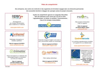 Pôles de compétitivité


                    Des entreprises, des centres de recherche et des organismes de formation engagés dans une démarche partenariale.
                                          Une association destinée à dégager des synergies autour de projets innovants.


                                                     8 pôles de compétitivité agissent en Languedoc-Roussillon
                                                       dans des domaines aussi variés que ceux de la santé,
                                                     l’agroalimentaire, la chimie, le nucléaire, l’environnement,
                                                                l’eau et les énergies renouvelables.
              Développement                                                                                                Pôle Européen d’innovation
        des Energies Renouvelables                                                                                              Fruits et Légumes
       dans le Bâtiment et l’Industrie
                                                                                                                               Pôle tri-régional
            www.pole-derbi.com                                                                                              LR/PACA/Rhône-Alpes
                                                                                                                               www.peifl.com




           Pathologies émergentes et                          Protection d’espaces fragiles ou de zones à
              maladies orphelines                             forte concentration urbaine ou économique              Les systèmes agroalimentaires durables
                                                                                                                       et la qualité de vie en Méditerranée
      Pôle bi-régional LR/PACA                                       Pôle bi-régional LR/PACA
       www.eurobiomed.org                                            www.pole-risques.com                                 www.qualimediterranee.fr


                                                                                                                                    Problématique de l’eau :
                                                                                                                                     localisation, extraction,
                                                                                                                                      usages et assainisse-
                                                                                                                                         ments pour une
  Projet interrégional sur l’utilisation des                                                                                           utilisation sécurisée
    technologies propres et innovantes
                                                                       Filière optique-photonique                                     Pôle à vocation
          au service de l’industrie
                                                                                                                                    mondiale, tri-régional
                                                                     Pôle bi-régional LR/PACA                                         LR/PACA/Midi-
              Pôle tri-régional
                                                                        www.popsud.org                                                   Pyrénées
           LR/PACA/Rhône-Alpes
           www.pole-trimatec.fr                                                                                              www.pole-eau.com
SPECIMEN                                                                                                                                                    28
 