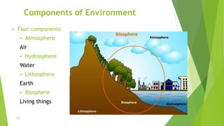 Components of Environment
 Four components
 Atmosphere
Air
 Hydrosphere
Water
 Lithosphere
Earth
 Biosphere
Living things
11
 