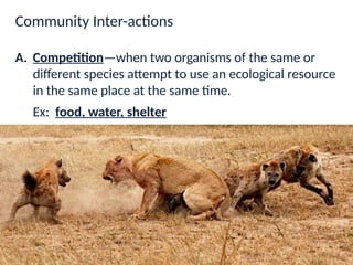 Community Inter-actions
Ecological Interactions between organisms
A. Competition—when two organisms of the same or
different species attempt to use an ecological resource
in the same place at the same time.
Ex: food, water, shelter
 