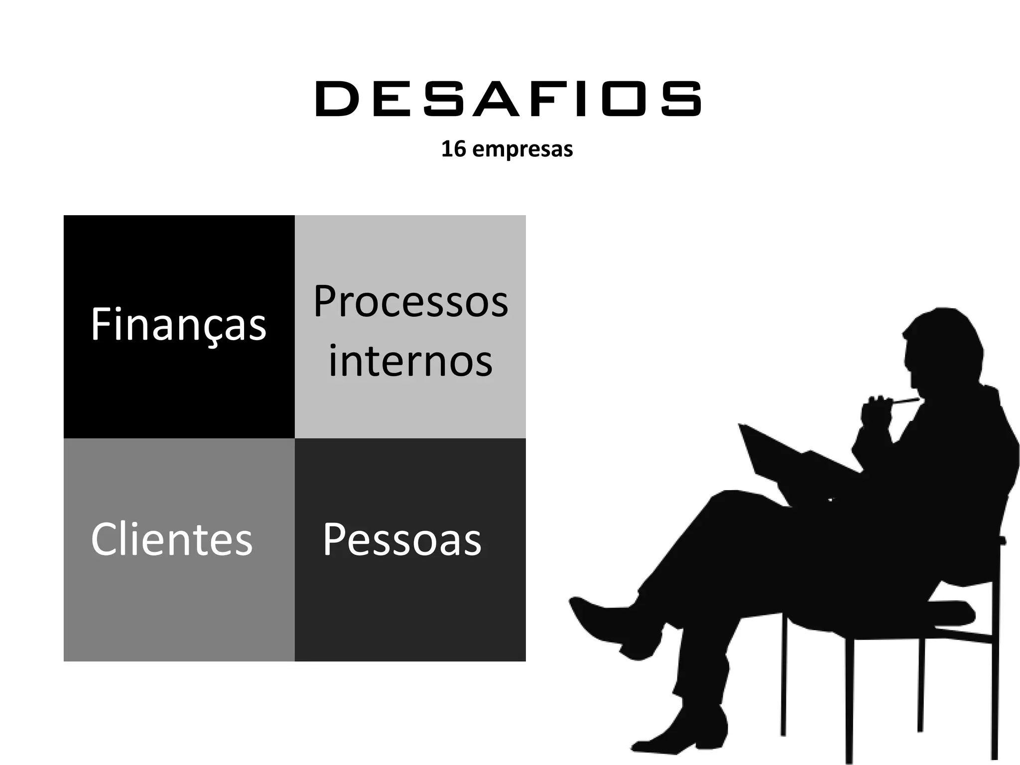 DESAFIOS
                16 empresas




Finanças Processos
          internos


Clientes   Pessoas
 