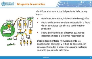 Rastreo de contactos
Identificar a los contactos del paciente infectado y
anotar:
 Nombres, contactos, información demográfica
 Fecha de la primera y última exposición o fecha
de los contactos con el caso confirmado o
probable
 Fecha de inicio de los síntomas cuando se
desarrolla fiebre o síntomas respiratorios
Deben documentarse minuciosamente las
exposiciones comunes y el tipo de contacto con
casos confirmados o sospechosos para cualquier
contacto que resulte infectado.
Búsqueda de contactos
 