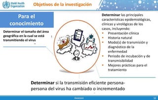 Objetivos de la investigación
Para el
conocimiento
Determinar el tamaño del área
geográfica en la cual se está
transmitiendo el virus
Determinar las principales
características epidemiológicas,
clínicas y virológicas de los
casos, incluyendo:
 Presentación clínica
 Historia natural
 Modo(s) de transmisión y
diagnóstico de la
enfermedad
 Periodo de incubación y de
transmisibilidad
 Mejores prácticas para el
tratamiento
Determinar si la transmisión eficiente persona-
persona del virus ha cambiado o incrementado
 