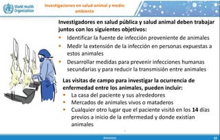 Investigaciones en salud animal y medio
ambiente
Investigadores en salud pública y salud animal deben trabajar
juntos con los siguientes objetivos:
 Identificar la fuente de infección proveniente de animales
 Medir la extensión de la infección en personas expuestas a
estos animales
 Desarrollar medidas para prevenir infecciones humanas
secundarias y para reducir la transmisión entre animales
Las visitas de campo para investigar la ocurrencia de
enfermedad entre los animales, pueden incluir:
 La casa del paciente y sus alrededores
 Mercados de animales vivos o mataderos
 Cualquier otro lugar que el paciente visitó en los 14 días
previos a inicio de la enfermedad y donde existían
animales
 