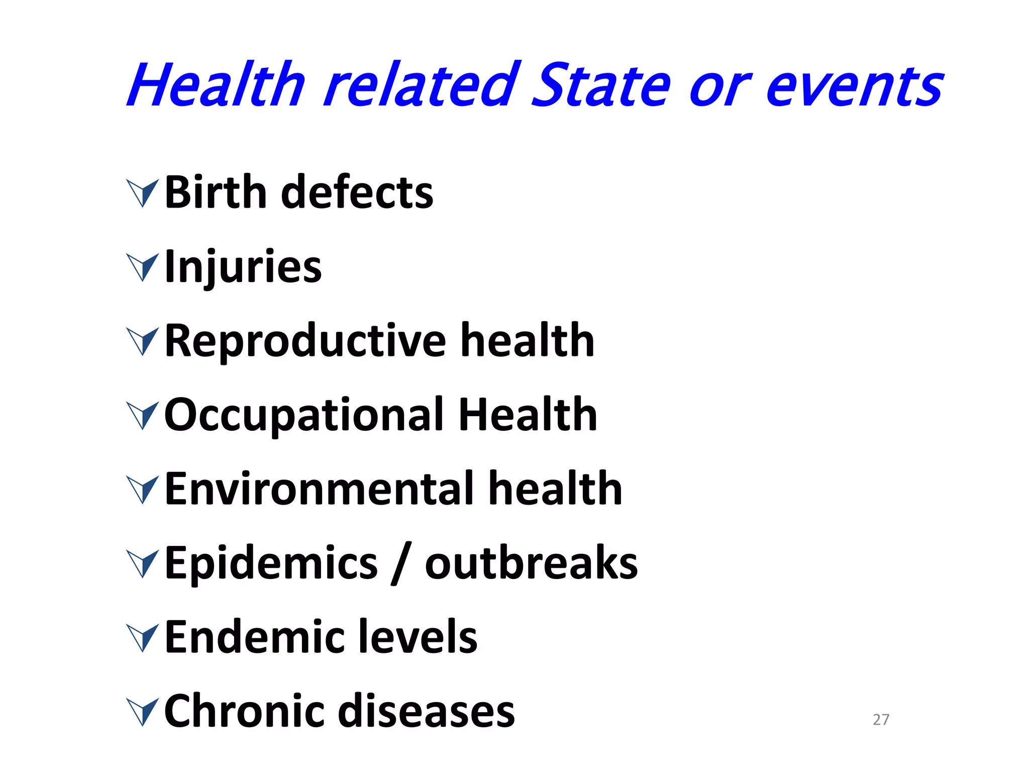 27
Health related State or events
Birth defects
Injuries
Reproductive health
Occupational Health
Environmental health
Epidemics / outbreaks
Endemic levels
Chronic diseases
 