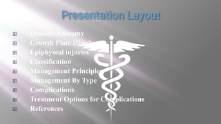  Osseous Anatomy
 Growth Plate Histology
 Epiphyseal injuries
 Classification
 Management Principles
 Management By Type
 Complications
 Treatment Options for Complications
 References
 