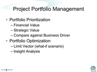 Portfolio Prioritization Financial Value Strategic Value Compare against Business Driver Portfolio Optimization Limit Vector (what-if scenario) Insight Analysis Project Portfolio Management 
