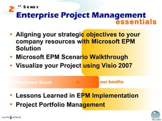 Enterprise Project Management Aligning your strategic objectives to your company resources with Microsoft EPM Solution Microsoft EPM Scenario Walkthrough Visualize your Project using Visio 2007 Refreshment Break  essentials Lessons Learned in EPM Implementation Project Portfolio Management visit our booths 2 nd  Series 