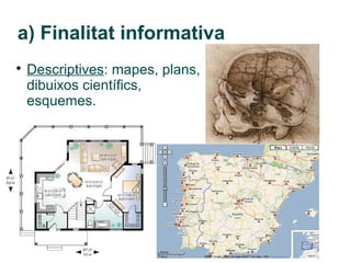 a) Finalitat informativa

    Descriptives: mapes, plans,
    dibuixos científics,
    esquemes.
 