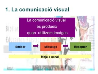 1. La comunicació visual
            La comunicació visual
                 es produeix
            quan utilitzem imatges


   Emisor            Missatge        Receptor


                   Mitjà o canal
 