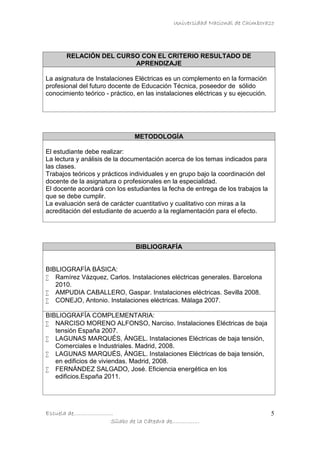 Universidad Nacional de Chimborazo
Escuela de…………………..
Sílabo de la Cátedra de…………….
5
RELACIÓN DEL CURSO CON EL CRITERIO RESULTADO DE
APRENDIZAJE
La asignatura de Instalaciones Eléctricas es un complemento en la formación
profesional del futuro docente de Educación Técnica, poseedor de sólido
conocimiento teórico - práctico, en las instalaciones eléctricas y su ejecución.
METODOLOGÍA
El estudiante debe realizar:
La lectura y análisis de la documentación acerca de los temas indicados para
las clases.
Trabajos teóricos y prácticos individuales y en grupo bajo la coordinación del
docente de la asignatura o profesionales en la especialidad.
El docente acordará con los estudiantes la fecha de entrega de los trabajos la
que se debe cumplir.
La evaluación será de carácter cuantitativo y cualitativo con miras a la
acreditación del estudiante de acuerdo a la reglamentación para el efecto.
BIBLIOGRAFÍA
BIBLIOGRAFÍA BÁSICA:
 Ramírez Vázquez, Carlos. Instalaciones eléctricas generales. Barcelona
2010.
 AMPUDIA CABALLERO, Gaspar. Instalaciones eléctricas. Sevilla 2008.
 CONEJO, Antonio. Instalaciones eléctricas. Málaga 2007.
BIBLIOGRAFÍA COMPLEMENTARIA:
 NARCISO MORENO ALFONSO, Narciso. Instalaciones Eléctricas de baja
tensión España 2007.
 LAGUNAS MARQUÉS, ÁNGEL. Instalaciones Eléctricas de baja tensión,
Comerciales e Industriales. Madrid, 2008.
 LAGUNAS MARQUÉS, ÁNGEL. Instalaciones Eléctricas de baja tensión,
en edificios de viviendas. Madrid, 2008.
 FERNÁNDEZ SALGADO, José. Eficiencia energética en los
edificios.España 2011.
 