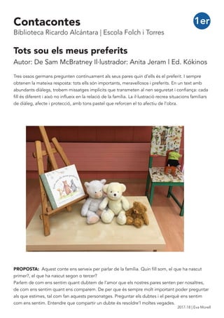 Tots sou els meus preferits
Autor: De Sam McBratney Il·lustrador: Anita Jeram | Ed. Kókinos
Tres ossos germans pregunten contínuament als seus pares quin d’ells és el preferit. I sempre
obtenen la mateixa resposta: tots ells són importants, meravellosos i preferits. En un text amb
abundants diàlegs, trobem missatges implícits que transmeten al nen seguretat i confiança: cada
fill és diferent i això no influeix en la relació de la família. La il·lustració recrea situacions familiars
de diàleg, afecte i protecció, amb tons pastel que reforcen el to afectiu de l’obra.
PROPOSTA: Aquest conte ens serveix per parlar de la família. Quin fill som, el que ha nascut
primer?, el que ha nascut segon o tercer?
Parlem de com ens sentim quant dubtem de l’amor que els nostres pares senten per nosaltres,
de com ens sentim quant ens comparem. De per que és sempre molt important poder preguntar
als que estimes, tal com fan aquests personatges. Preguntar els dubtes i el perquè ens sentim
com ens sentim. Entendre que compartir un dubte és resoldre’l moltes vegades.
1erContacontes
Biblioteca Ricardo Alcántara | Escola Folch i Torres
2017-18 | Eva Morell
 