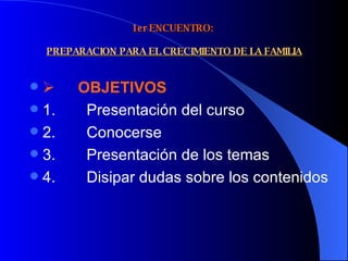 1er ENCUENTRO:    PREPARACION PARA EL CRECIMIENTO DE LA FAMILIA         OBJETIVOS 1.          Presentación del curso 2.          Conocerse 3.          Presentación de los temas 4.        Disipar dudas sobre los contenidos 