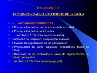 1er ENCUENTRO:    PREPARACION PARA EL CRECIMIENTO DE LA FAMILIA         ACTIVIDADES SUGERIDAS  1.Presentación de los coordinadores de la actividad 2.Presentación de los participantes  (Ver Anexo 1 Técnicas de presentación) 3.Actividad de relajación:  Respiración, masajes 4.Evaluar las expectativas de los participantes 5.Presentación del curso: Objetivos, expectativas, forma de trabajo. 6.Desarrollo de los contenidos a través de alguna técnica de trabajo participativa (Ver Anexo 2 Técnicas de trabajo grupal) 