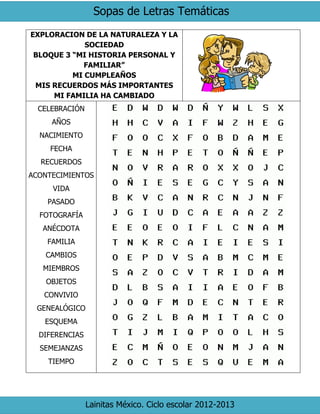 Sopas de Letras Temáticas
Lainitas México. Ciclo escolar 2012-2013
EXPLORACION DE LA NATURALEZA Y LA
SOCIEDAD
BLOQUE 3 “MI HISTORIA PERSONAL Y
FAMILIAR”
MI CUMPLEAÑOS
MIS RECUERDOS MÁS IMPORTANTES
MI FAMILIA HA CAMBIADO
CELEBRACIÓN
AÑOS
NACIMIENTO
FECHA
RECUERDOS
ACONTECIMIENTOS
VIDA
PASADO
FOTOGRAFÍA
ANÉCDOTA
FAMILIA
CAMBIOS
MIEMBROS
OBJETOS
CONVIVIO
GENEALÓGICO
ESQUEMA
DIFERENCIAS
SEMEJANZAS
TIEMPO
 