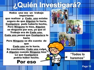 Page 15
Había una vez un trabajo
importante
que realizar y Cada uno estaba
seguro de que Alguien lo haría.
Cualquiera pudo haberlo hecho,
Pero Ninguno lo hizo, Alguien
se disgusto por eso, ya que el
Trabajo era de Cada uno,
Cada uno pensó que Cualquiera lo
haría
Pero Ninguno se dio cuenta de
que
Cada uno no lo haría.
En conclusión, Cada uno culpó
A Alguien cuando Ninguno hizo
Lo que Cualquiera
podría haber hecho.
Por eso
“Todos lo
haremos”
 