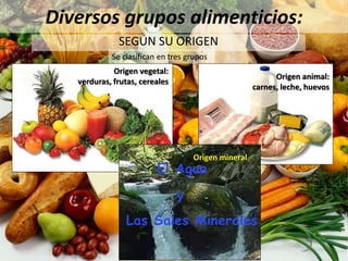 Diversos grupos alimenticios:
SEGÚN SU ORIGEN
Se clasifican en tres grupos
Origen vegetal:
verduras, frutas, cereales
Origen animal:
carnes, leche, huevos
Origen mineral
 