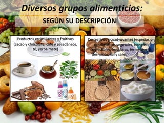 Diversos grupos alimenticios:
SEGÚN SU DESCRIPCIÓN
Productos estimulantes y fruitivos
(cacao y chocolate, café y sucedáneos,
té, yerba mate)
Correctivos y coadyuvantes (especias o
condimentos vegetales, hongos
comestibles, levaduras, fermentos y
derivados, sal y sales compuestas,
salsas, aderezos o aliños, vinagres).
 