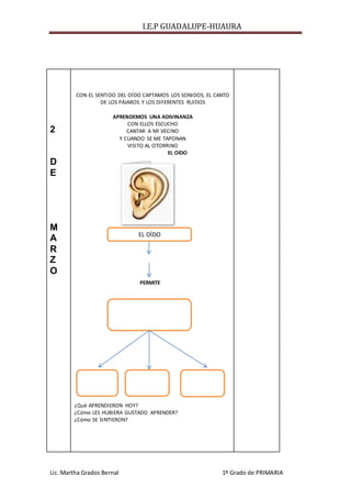 I.E.P GUADALUPE-HUAURA
Lic. Martha Grados Bernal 1º Grado de PRIMARIA
2
D
E
M
A
R
Z
O
CON EL SENTIDO DEL OÍDO CAPTAMOS LOS SONIDOS, EL CANTO
DE LOS PÁJAROS Y LOS DIFERENTES RUIDOS
APRENDEMOS UNA ADIVINANZA
CON ELLOS ESCUCHO
CANTAR A MI VECINO
Y CUANDO SE ME TAPONAN
VISITO AL OTORRINO
EL OIDO
PERMITE
¿Qué APRENDIERON HOY?
¿Cómo LES HUBIERA GUSTADO APRENDER?
¿Cómo SE SINTIERON?
EL OÍDO
 